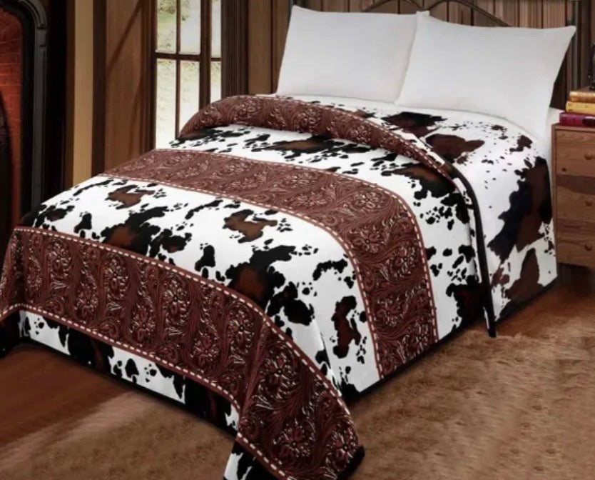 Tooled Floral Cow Print Reversible Blanket
