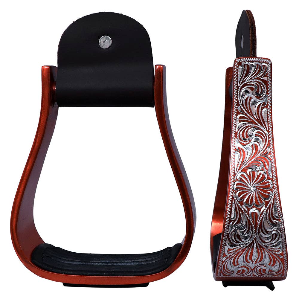 Hilason Western Aluminum Horse Riding Stirrups – Engraved Floral Design with Rubber Tread