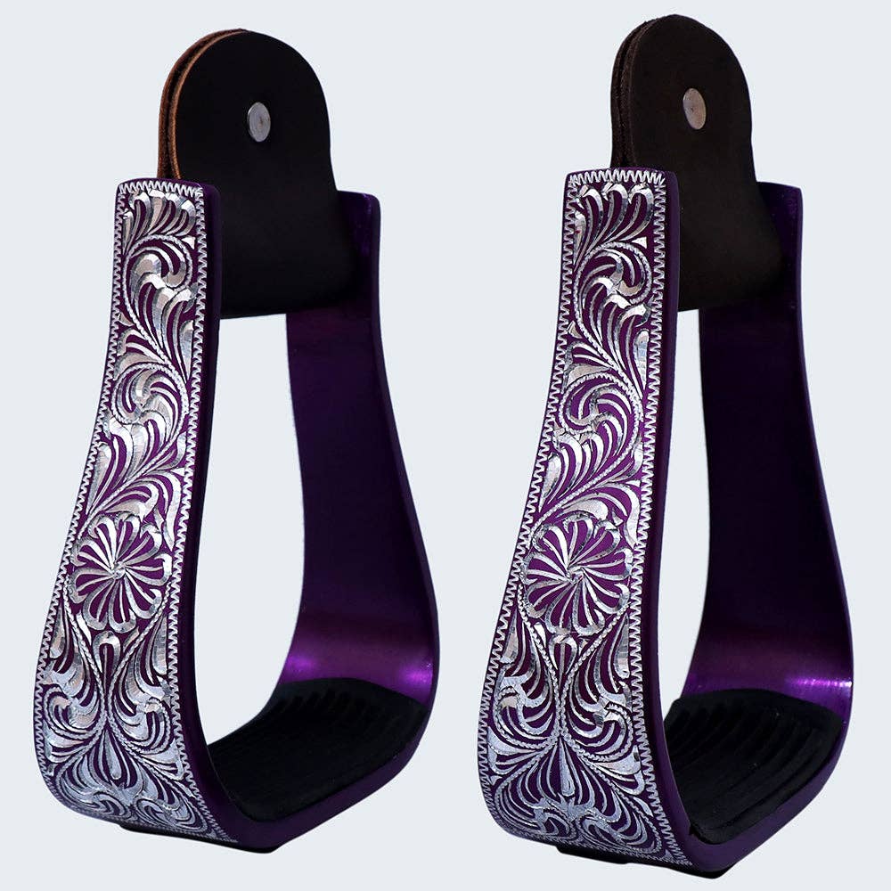 Hilason Western Aluminum Horse Riding Stirrups – Engraved Floral Design with Rubber Tread