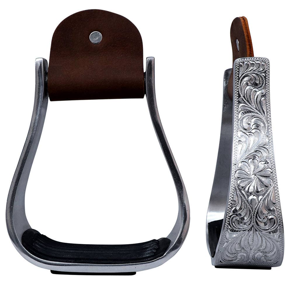 Hilason Western Aluminum Horse Riding Stirrups – Engraved Floral Design with Rubber Tread