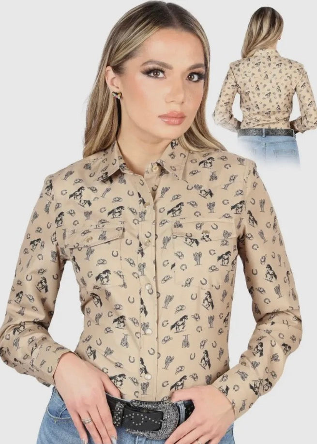 Tan Horse Long Sleeve Western Shirt