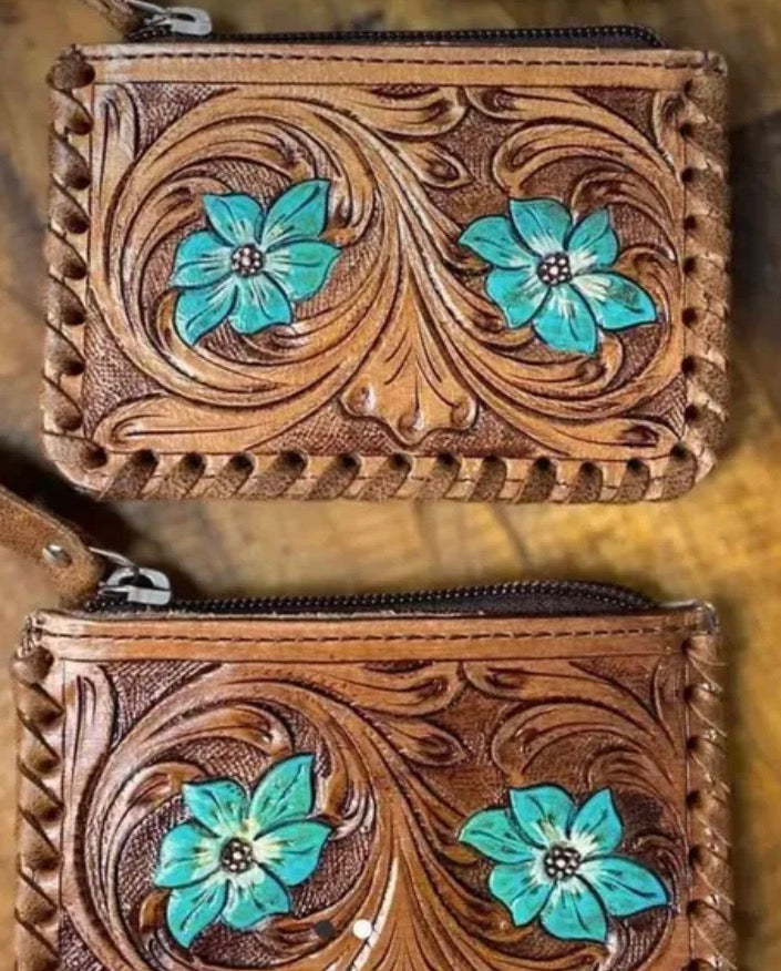 Floral Tooled Cowhide Coin Pouch