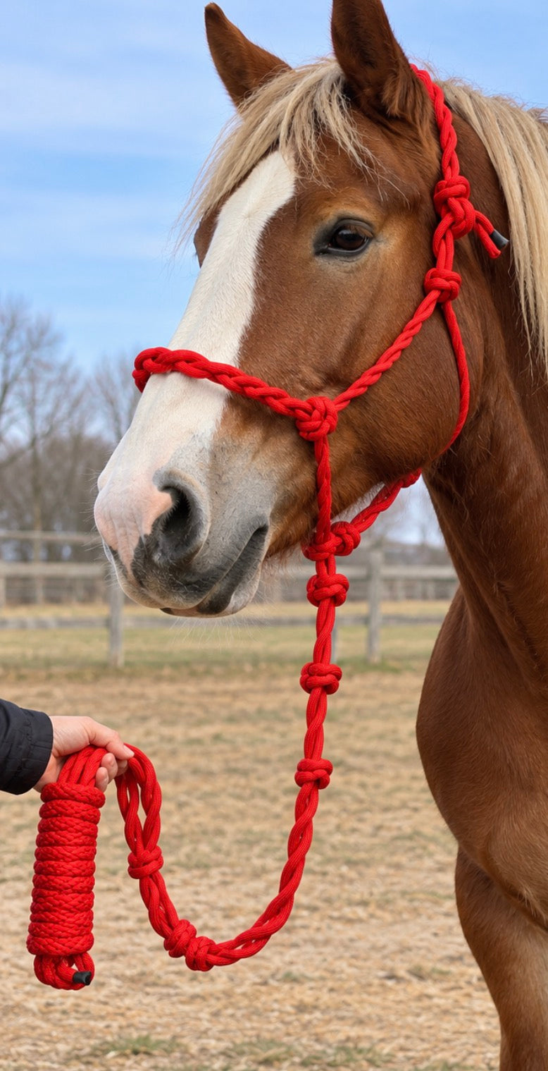 Red DRAFT Rope Halter w Lead