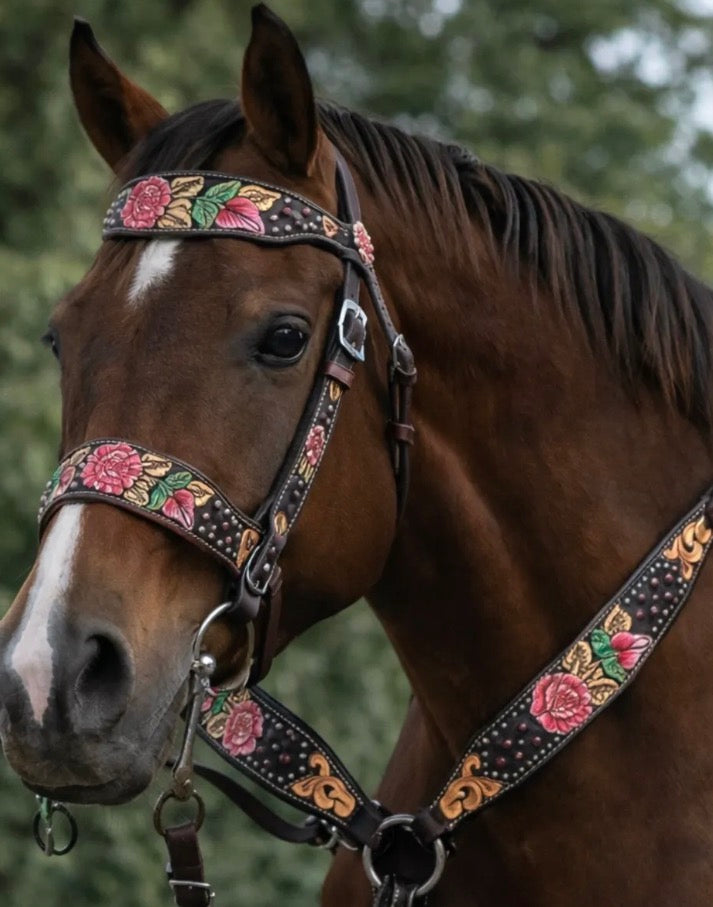 Pink Floral Headstall & Breast Collar Set