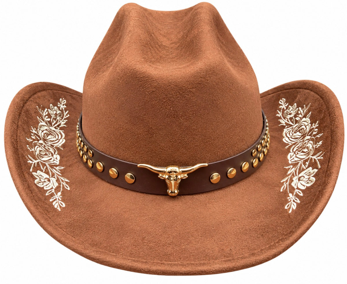 Brown Floral Bull Cowboy Hat