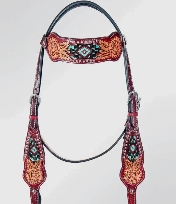 Burgundy Aztec Western Headstall