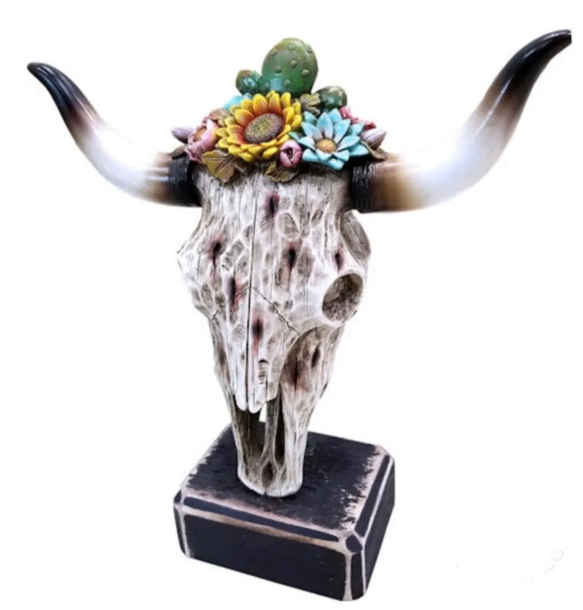 Cactus Cow Skull Statue