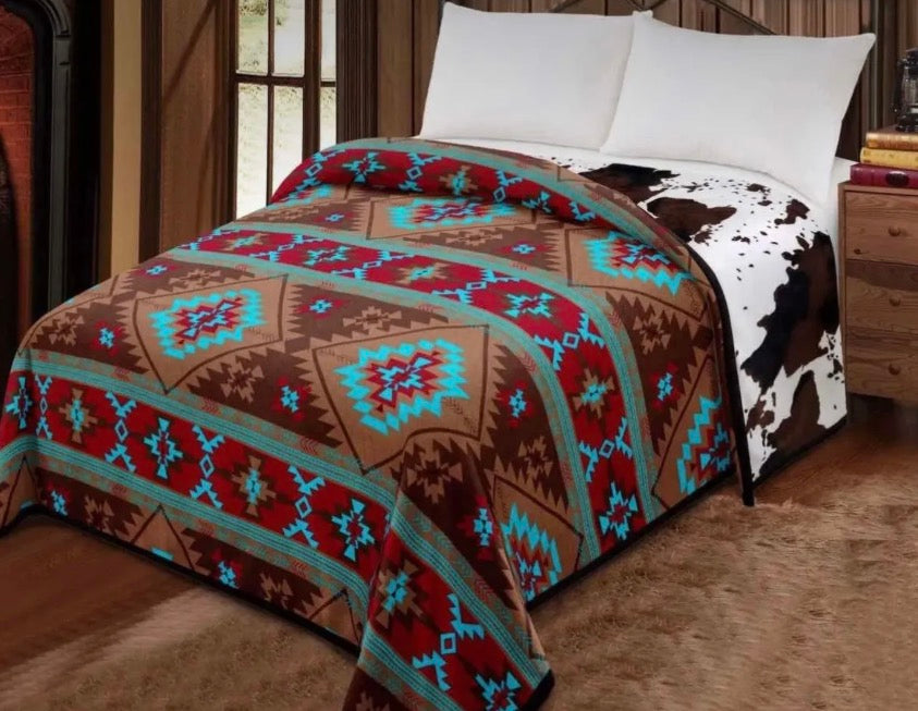 Brown Aztec- Cow Print Reversible Blanket