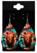 Teal Floral Cow Earrings