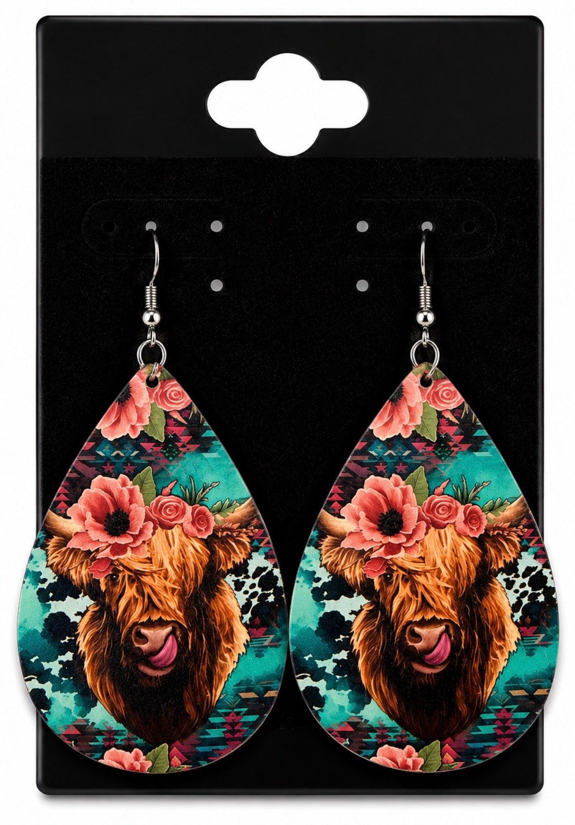 Teal Floral Cow Earrings