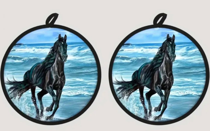 Black Running Horses Potholders