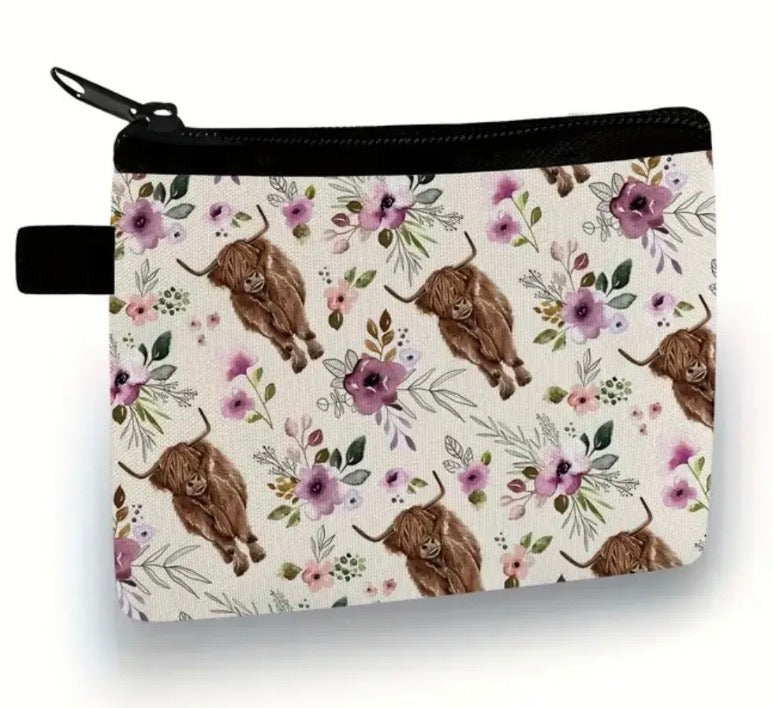 Floral Highland Cow Coin Purse
