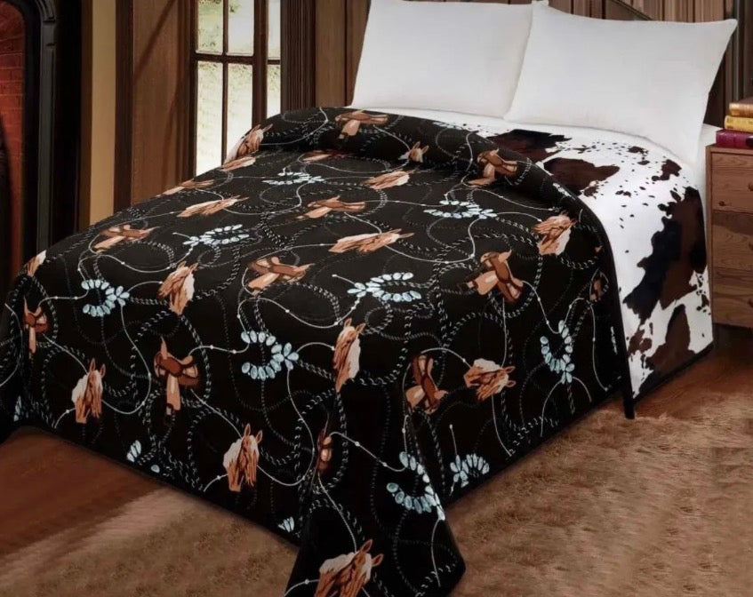 Black Horse-Cow print Reversible Blanket
