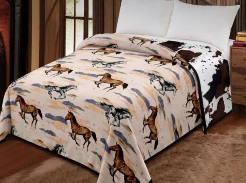 Running Horse Cow Print Reversible Blanket