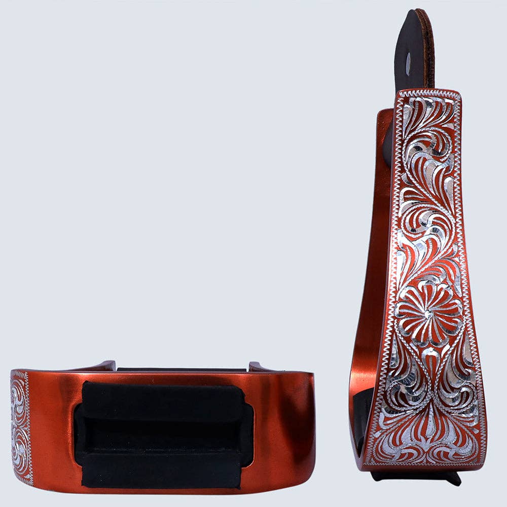 Hilason Western Aluminum Horse Riding Stirrups – Engraved Floral Design with Rubber Tread