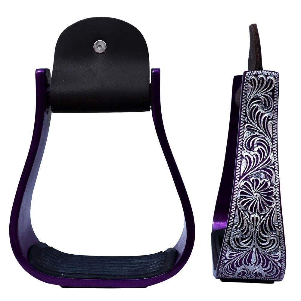 Hilason Western Aluminum Horse Riding Stirrups – Engraved Floral Design with Rubber Tread