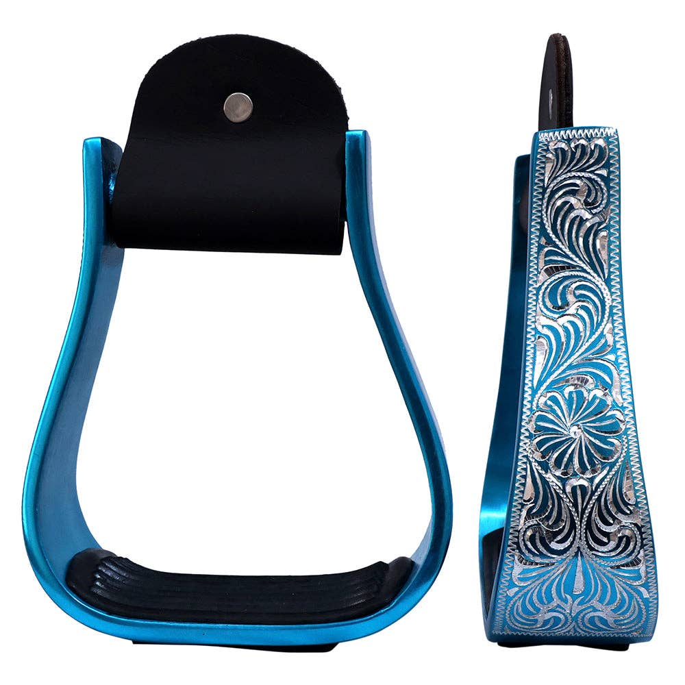 Hilason Western Aluminum Horse Riding Stirrups – Engraved Floral Design with Rubber Tread