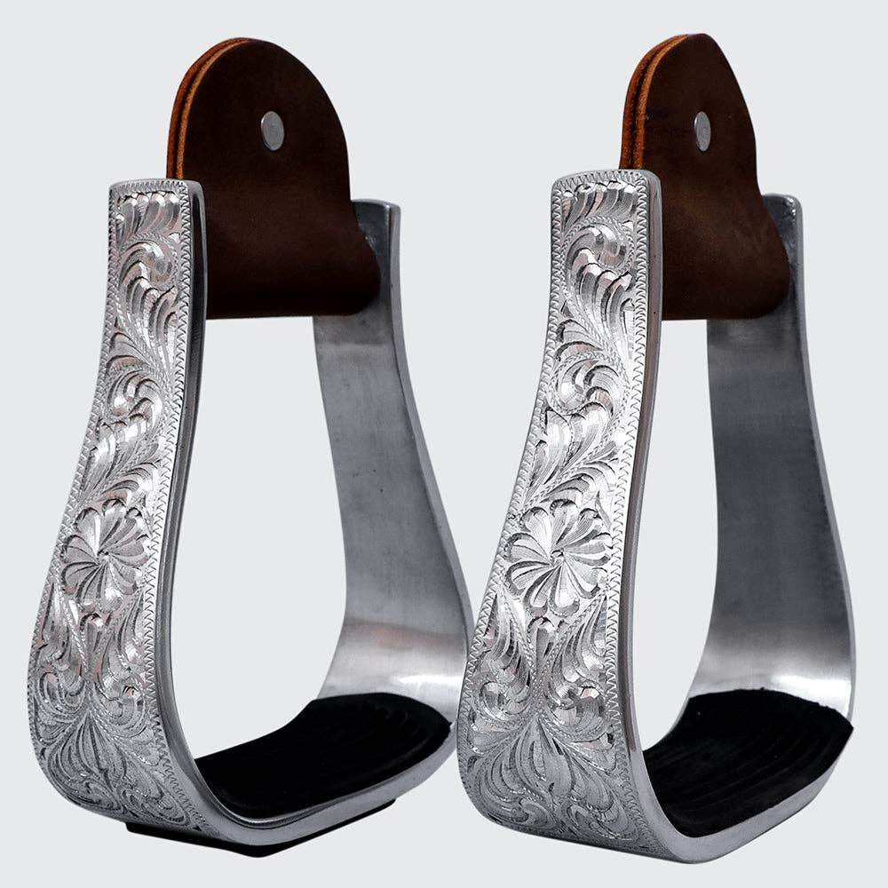 Hilason Western Aluminum Horse Riding Stirrups – Engraved Floral Design with Rubber Tread