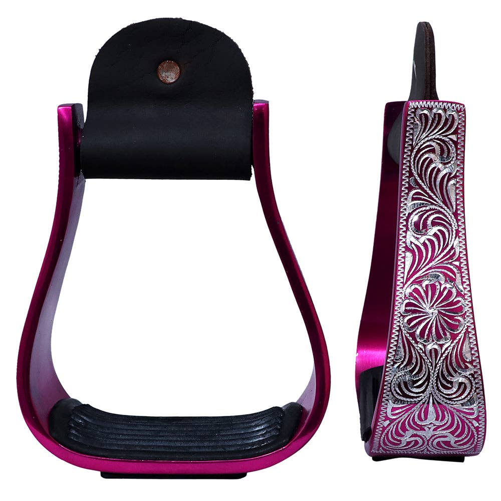 Hilason Western Aluminum Horse Riding Stirrups – Engraved Floral Design with Rubber Tread